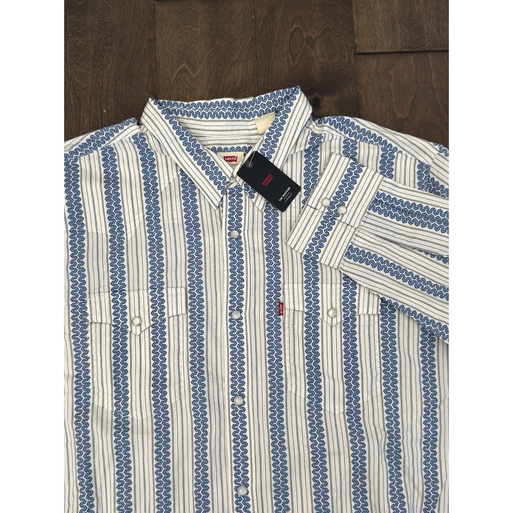NWT Levis Western Standard Fit Long Sleeve Pearl Snap Shirt Wave Print Blue 2XL